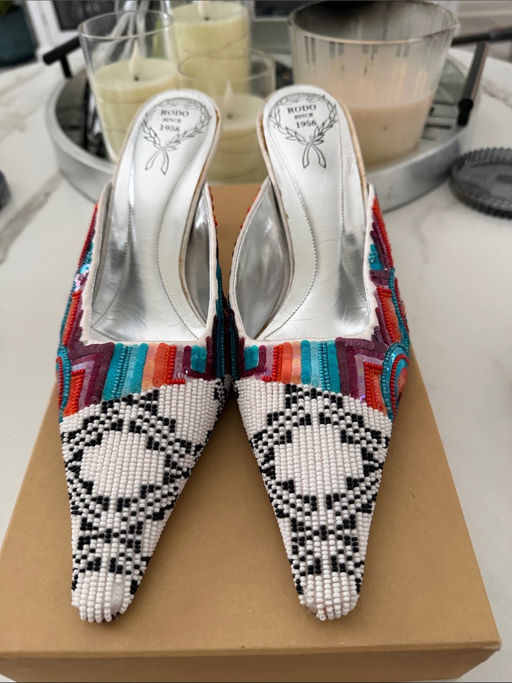Rodo Multicolor Beaded Pointed Mule in Turquoise, Red, Orange & Black